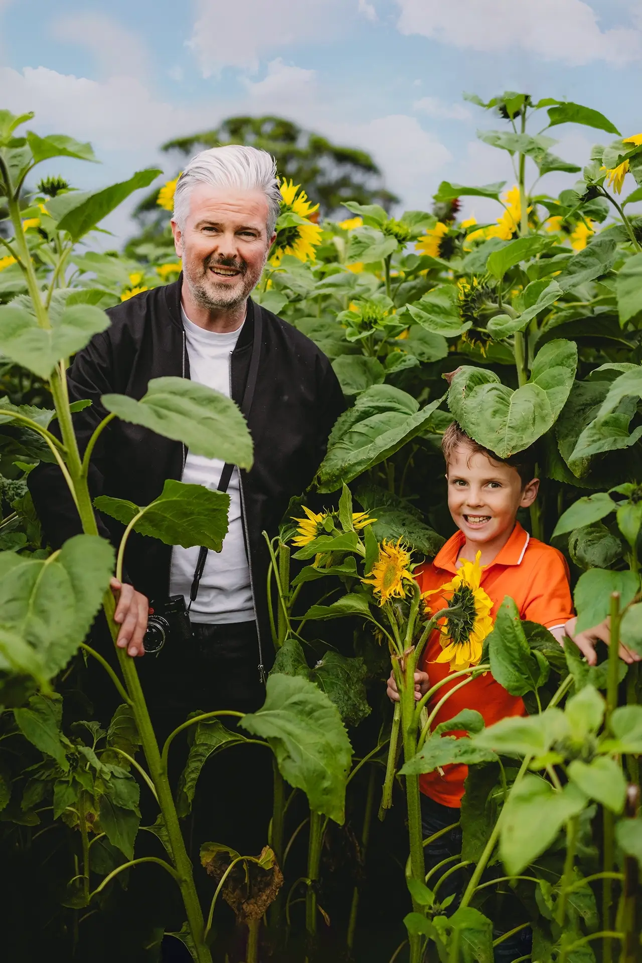 naturalna plenerowa sesja rodzinna - tata z synem wśród słoneczników